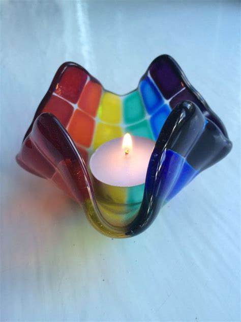 Rainbow Fused Glass Tea Light Candle Holder By Glassbydebbie Glass Tea Light Holders Tealight