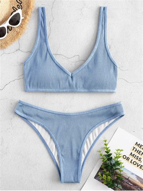 Zaful Textured Ribbed Bikini Swimsuit Deep Green Light Blue Mauve