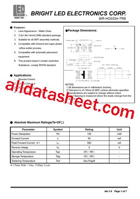 BIR HO033A TRB 데이터시트 PDF BRIGHT LED ELECTRONICS CORP