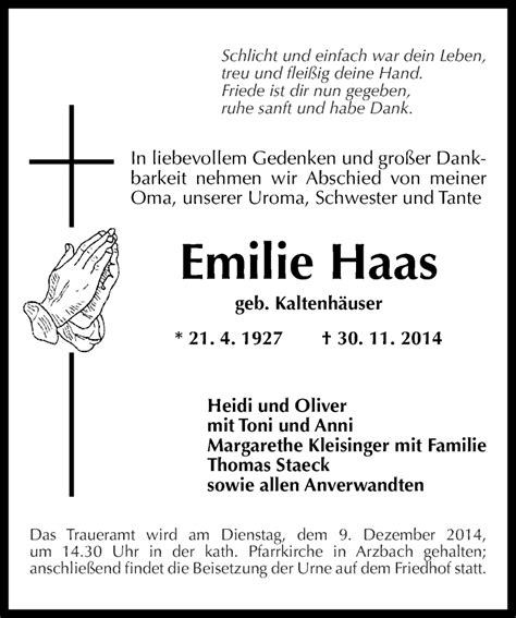 Traueranzeigen Von Emilie Haas Rz Trauer De