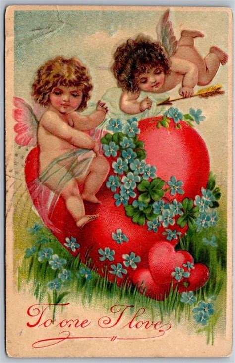 Vtg Valentine Greetings To One I Love Cherub Angels Heart Forget Me Not