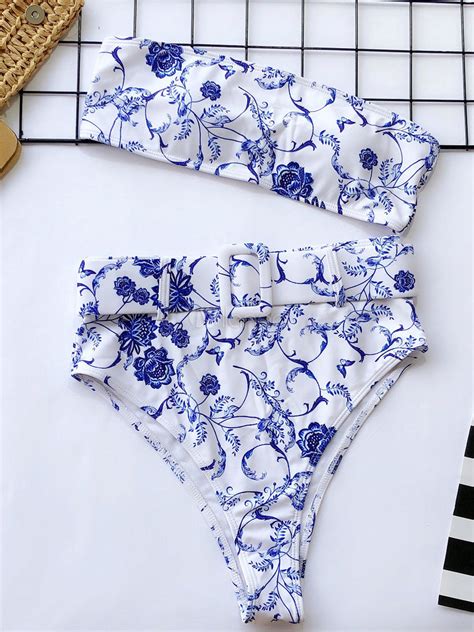 Bikini Badeanzug mit Gürtel für Frauen Bandeau Bikini mit hoher Taille Milanoo