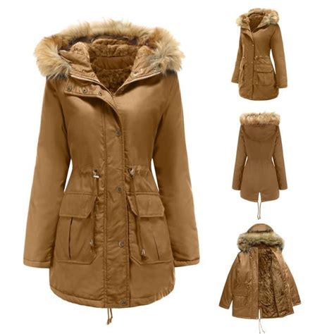 Manteau d hiver à Capuche Femme Kaki Veste mi Longue doublée en