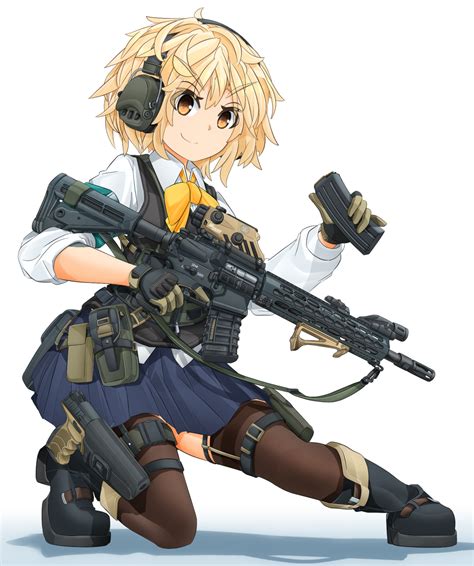 Safebooru 1girl Ar 15 Armband Assault Rifle Bangs Black Footwear