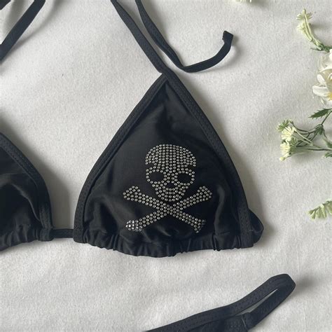 Y2k Emo Black Silver Studded Skull Bikini Set Depop