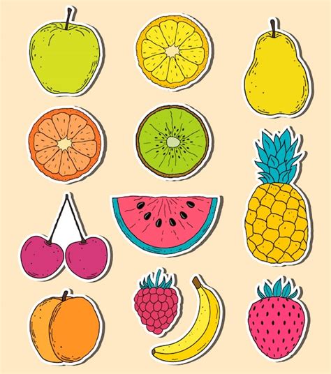 Pegatinas De Frutas Dibujadas A Mano Vector Premium