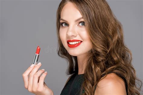 Attractive Smiling Woman With Red Lipstick Stock Image Image Of Glamour Posing 128999013