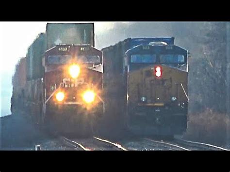 Double And Triple Train Meets With Dpu Csx Bnsf Engines On Car