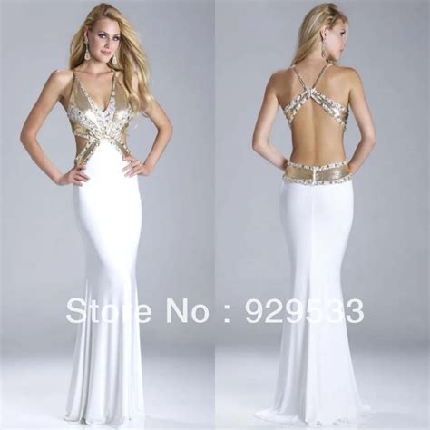 New Arrival White Deep V Neck Backless Gold Sequin Embellished Sexy