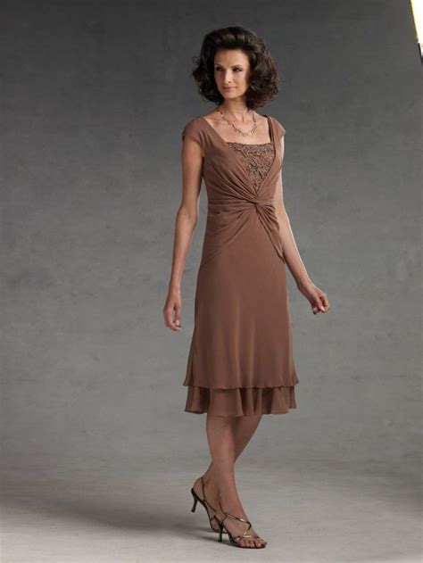 Vintage Dm016 Tea Length A Line Chiffon Brown Mother Of The Bride Dress