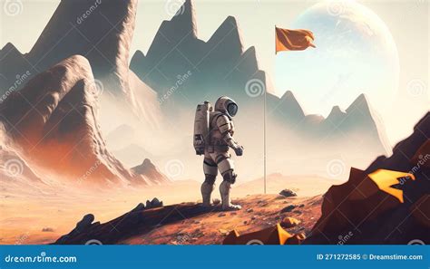 Astronaut Planting A Flag Digital Art Illustration Generative Ai Stock