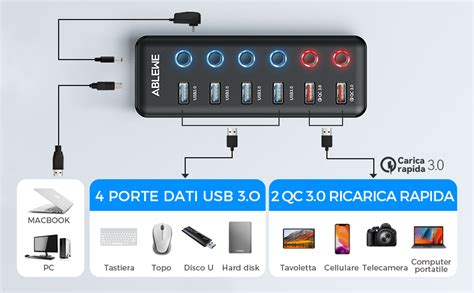 ABLEWE Hub USB 3 0 Alimentato 6 In 1 Con 4 Porte USB 3 0 E 2 Porte