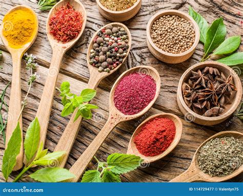 Assortment Of Colorful Spices In The Wooden Spoons Stock Image Image Of Ingredients Healthy