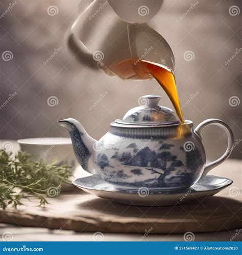A Teapot Pouring A Stream Of Hot Herbal Tea Into A Delicate Porcelain Cup Stock Illustration