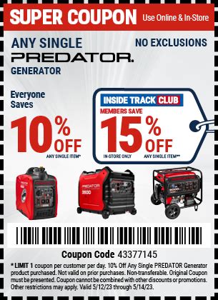 Save 10 Off Any Single PREDATOR Generator Harbor Freight Coupons