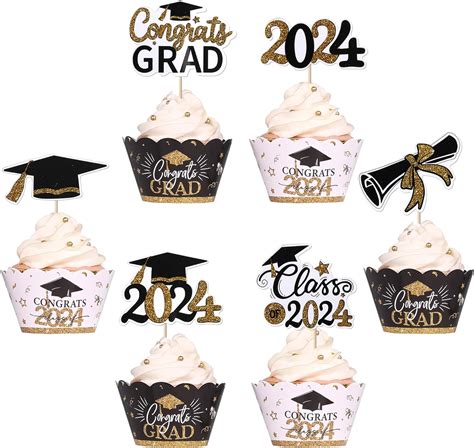 Rsstarxi 48 Pack Class Of 2024 Cupcake Toppers Wrappers