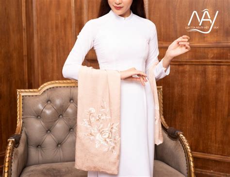 High Class Silk Scarf Embroidered With Peony In Nude Color High Class Vietnamese Gift