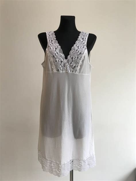 S Soviet Vintage Full Slip Negligee White Nylon With Lace Lingerie