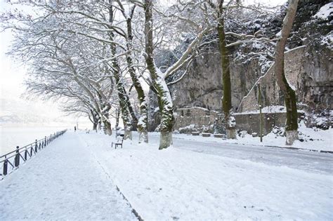 Snow Ice Winter Season Trees Road In Ioannina City Greece Stock Image