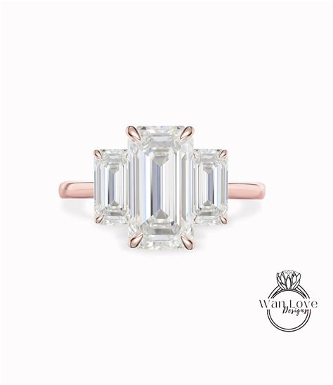 Elongated Emerald Baguette Shape Moissanite Engagement Ring Rose Gold Unique Cluster Vintage