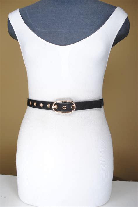 Skinny Black Belt Gold Riveted Belt Women With Gold Buckle Etsy Uk