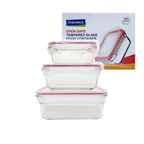 Glasslock Oven Safe Tempered Glass 3p Square Food Container Storage With Lid T Box Set 485ml