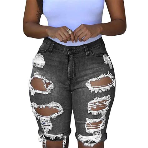 Denim Shorts Holes Ripped Jeans Women Elastic Destroyed Legging Short