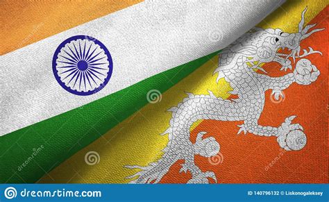 India And Bhutan Two Flags Textile Cloth Fabric Texture Stock