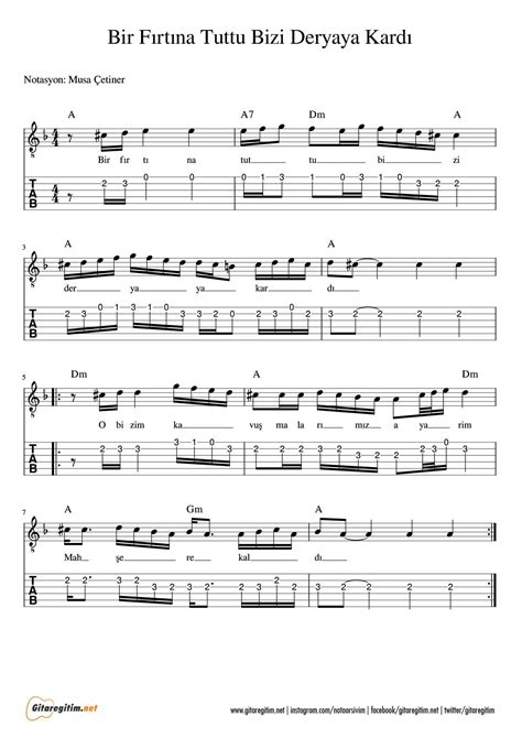 Bir Fırtına Tuttu Bizi Deryaya Kardı - Gitar - Nota - Tab » Gitareğitim.net