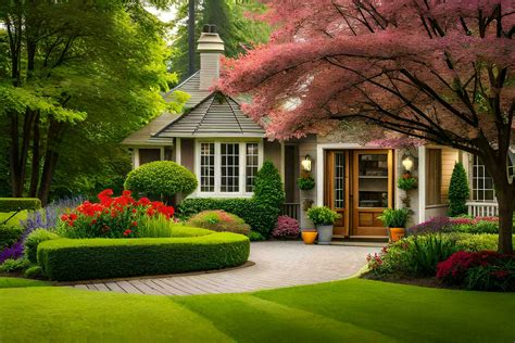 a beautiful garden with a house and trees. AI-Generated 32302081 Stock Photo at Vecteezy