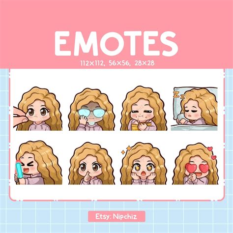 Chibi Girl Emotes For Streaming Blonde Curly Hair Brown Eyes 8 Kawaii Emotes Cute Girl Emote