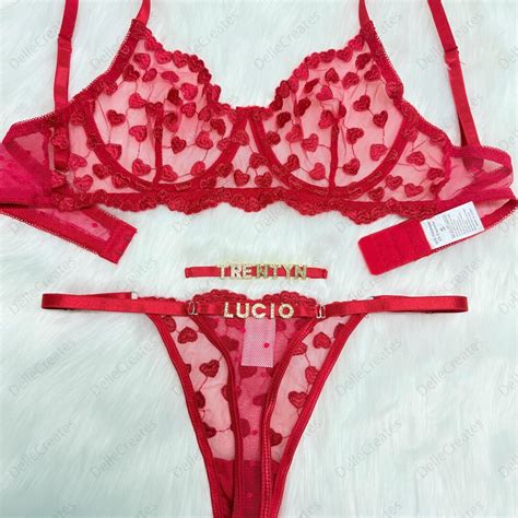 Custom Name Thong Heart Mesh Embroidery Gathered Lingerie Set Custom Thong With Letter Sexy