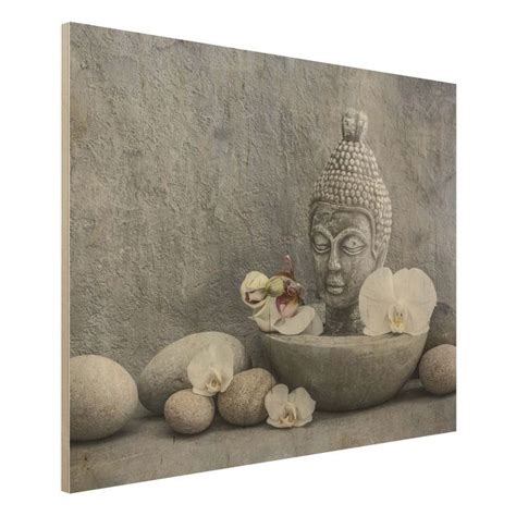 Zen Buddha Orchideen Und Steine Holzbild Im Querformat 4 3 Bilderwelten