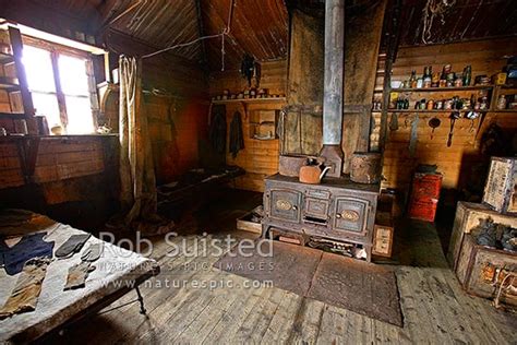 Interior of Ernest Shackleton's British Antarctic (Nimrod 1907-09) Expedition hut with Smith and ...