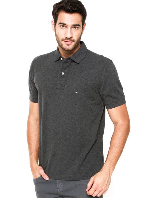 Polo Tommy Hilfiger Masculina Regular Fit Piquet Cinza Escuro Replay