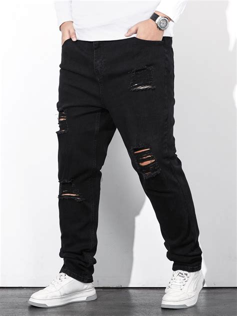 Black Collar Denim Plain Straight Leg Embellished Slight Stretch Men Plus Size Clothing Plus