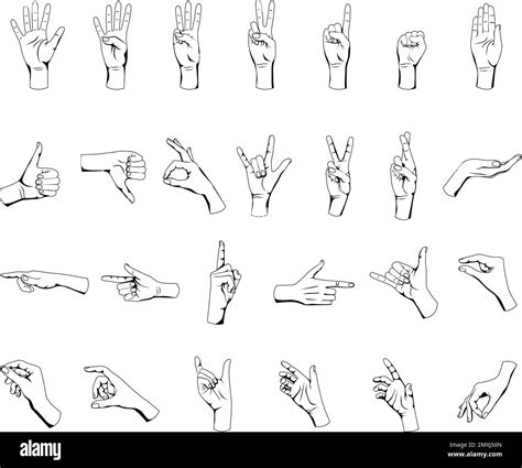 Human Hands Gestures Flat Set With Isolated Outlines Of Black And White