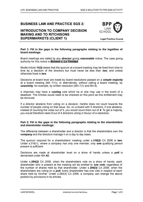 BLP SGS 2 Solution Pre SGS Activity LPC BUSINESS LAW AND PRACTICE