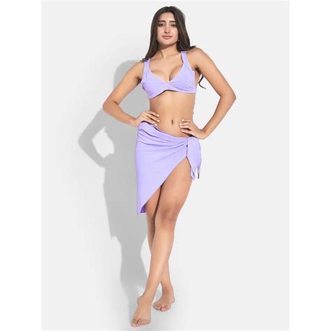 Buy Secrets By Zerokaata Women Ribbed V Neck Beach Wear Swim Bikini Set With Sarong Online