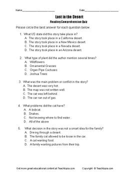 Benchmark Advance Reading Comprehension Quiz 2nd Grade Lost In The Desert