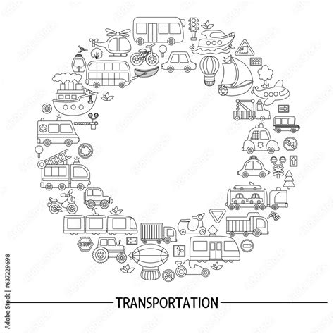 Vector Black And White Transportation Round Frame With Bus Car Boat