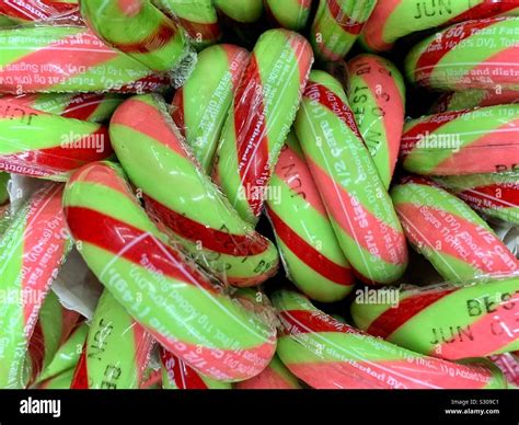 Fresh tasty delicious green candy canes with red and pink stripes Stock ...