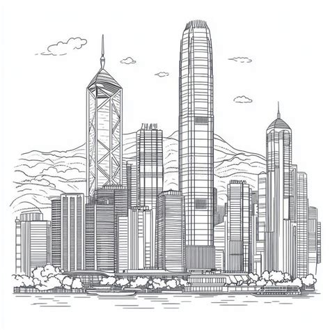 hong kong skyline sketch cityscape architecture drawing black white