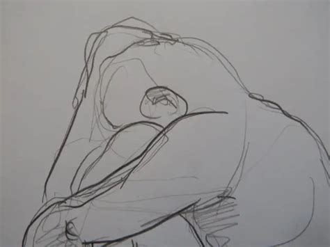 Original Expressive Pencil Life Drawing Male Nude In A Crouched Pose On