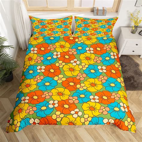 Yst 60s 70s Hippie Bedding Set Full Size Retro Groovy Flowers Comforter