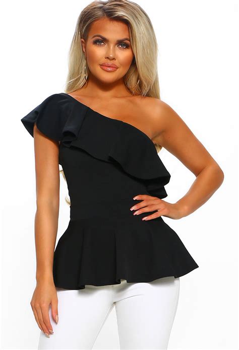 Ever So Classy Black One Shoulder Frill Peplum Top Peplum Top Black