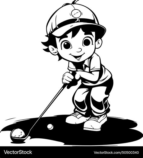 Little boy playing golf - black and white cartoon Vector Image