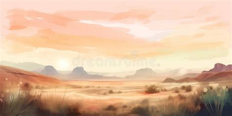 Desert Landscape at Sunset. Watercolor Hand Drawn Illustration Stock ...