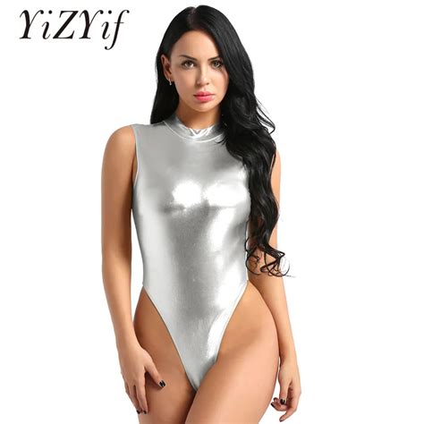 Yizyif Women Shiny Metallic Dance Leotard Bodysuit Costumes One Piece Shiny Lingerie Mock Neck