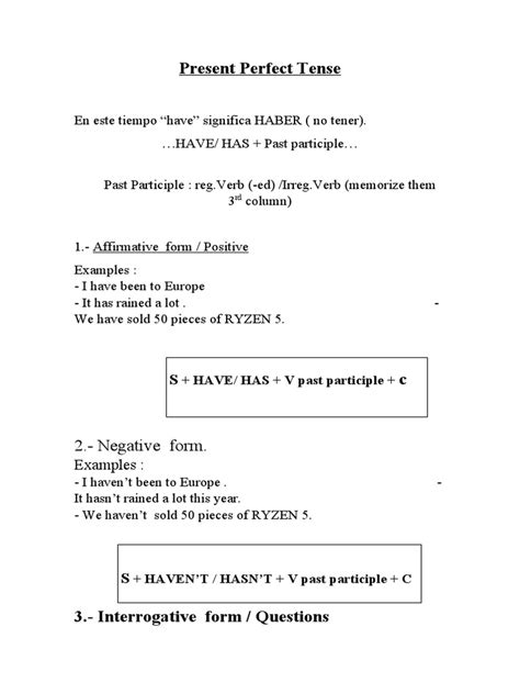 Present Perfect Tense 2 Negative Form Pdf